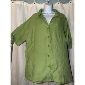 JM Collection 100% Linen Button Front Top 22W Lime Green Short Sleeve